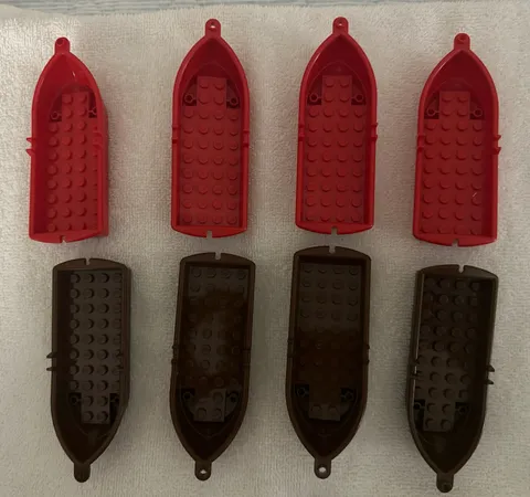 LOT OF 8 VINTAGE LEGO ROW BOATS WITH OARLOCKS / RED & BROWN / NO OARS