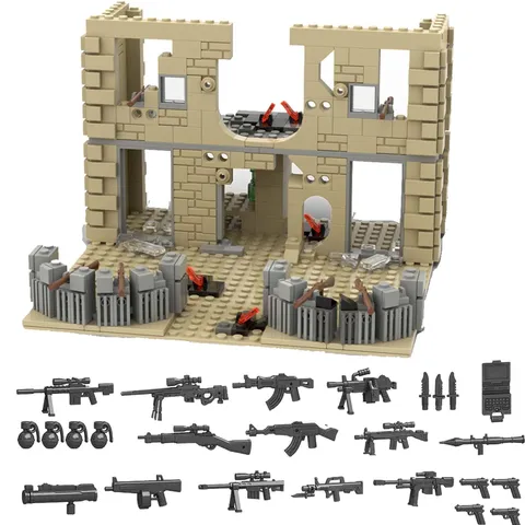 Clamp Blocks WW2 Military Scene with Military Weapons Set, Military Base Buildings...