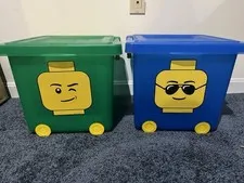 Two LEGO Green/Blue Storage Container Bins w/ Lid Handle Wheels Lot
