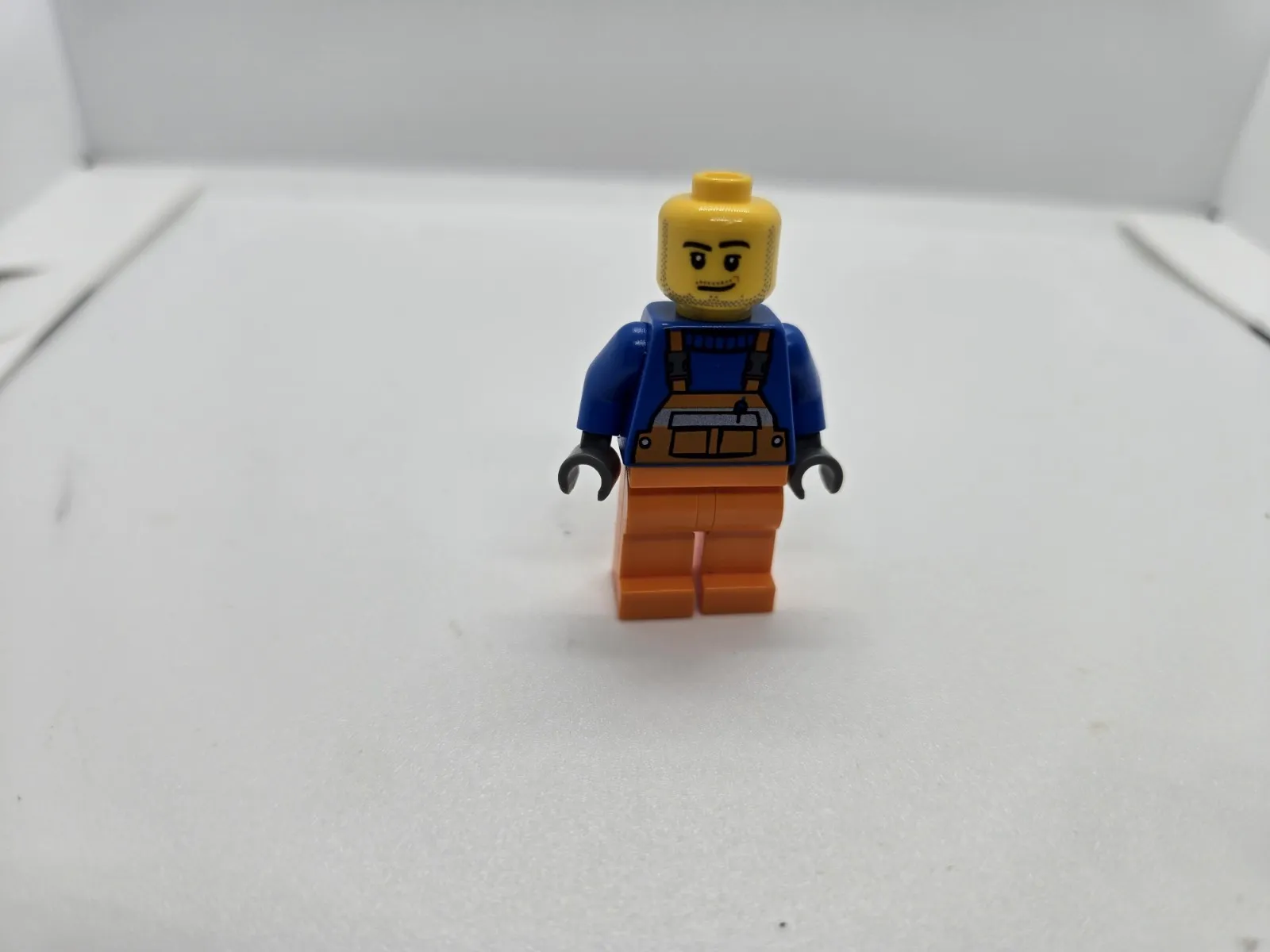 LEGO Minifigure Construction Worker Blue Shirt Orange Overalls Plastic Toy