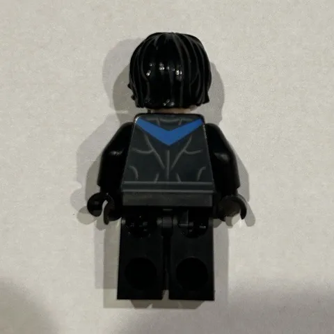 LEGO Plastic Minifigure Black Suit Outfit w/ Blue Chest Emblem, Black Hair