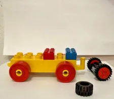 Vintage LEGO Duplo Vehicle Car Yellow Chassis Red Wheels, Tires, Bricks Lot 