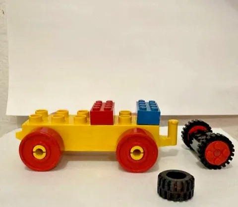 Vintage LEGO Duplo Vehicle Car Yellow Chassis Red Wheels, Tires, Bricks Lot 