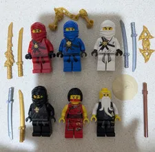 Lego Ninjago Lot of 6 GOLDEN WEAPONS  minifigs KAI, Jay, ZANE, Cole, NYA, Wu