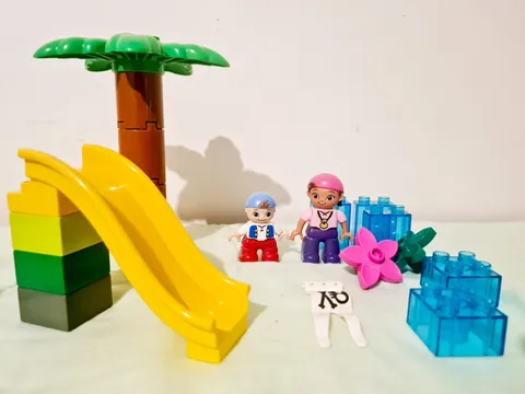 DUPLO LEGO Pirate, Slide, Translucent Blue Blocks, Tree, Pirate girl boy Figures