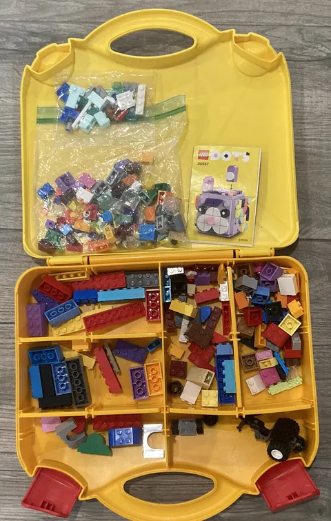 LEGO Yellow & Orange Plastic Carrying Case Storage Box & Assorted Lego Pieces