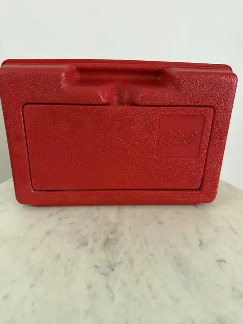Vintage Lego Carrying Case Box Red with VTG Garbage Pail Stickers on inside case