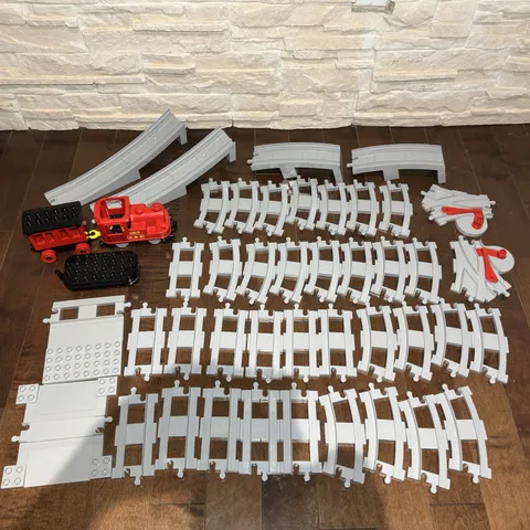 LEGO Duplo Motorized Red Locomotive Train & Gray Strait Rails Curve Tracks