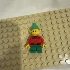 Lego Christmas Elf MiniFigure Red, Scallop Collar, Bell Torso, Green Hat