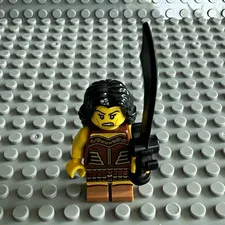 LEGO Female Warrior Minifigure w/ Black Hair & Black Sword Brown Outfit