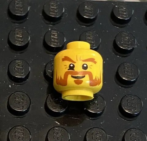 LEGO Minifig Head, Dark Orange Facial Hair, White Eyes, Grin, Crows Feet