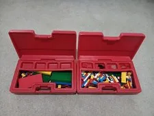 1980s LEGO Red Carrying Case Lot Of 2 with Various Blocks Figures Wind Up Car