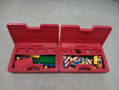 1980s LEGO Red Carrying Case Lot Of 2 with Various Blocks Figures Wind Up Car