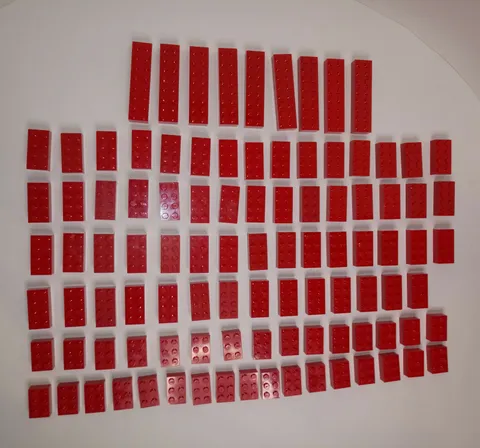 100 piece lot Lego red 2 by 8, 2 by 4, and 2 by 3, bricks great for train MOCS