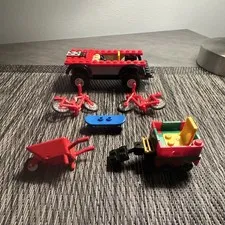 LEGO Vintage Vehicle Parts Lot: Car, Trailer Hitch, Bicycles, Skateboard -6pc