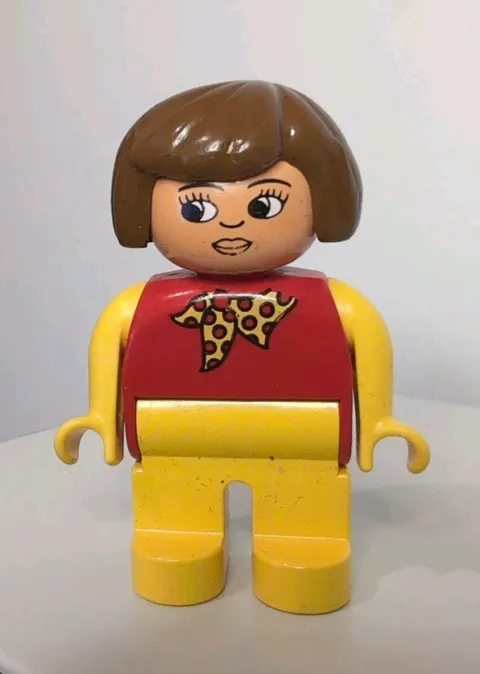 Vintage LEGO Duplo Red and Yellow Body Brown Hair Female with Polka Dot Scarf 