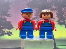 2 vintage Lego Duplo Figure train engineer blue overalls boy & girl