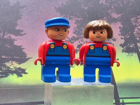 2 vintage Lego Duplo Figure train engineer blue overalls boy & girl
