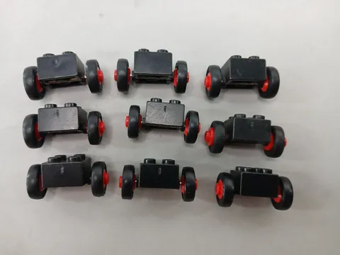 9x Vintage LEGO Black Axle Brick 2x2 Red Wheel Smooth Tire 