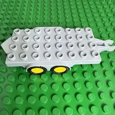 Lego Duplo Gray FLAT BED TRAILER 4x8 Hitch Ends Black Wheels Yellow Hubs