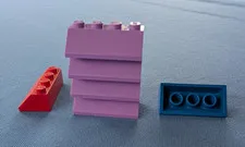 6 LEGO parts, 45 degree slope 2x4, part #3037, purple, red, blue
