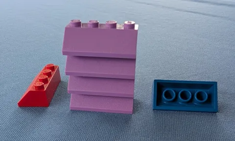6 LEGO parts, 45 degree slope 2x4, part #3037, purple, red, blue