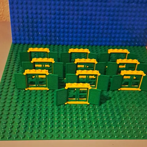 LEGO Window 1x4x3 In Yellow. With Green Panes And Shutters. Lot Of 10.