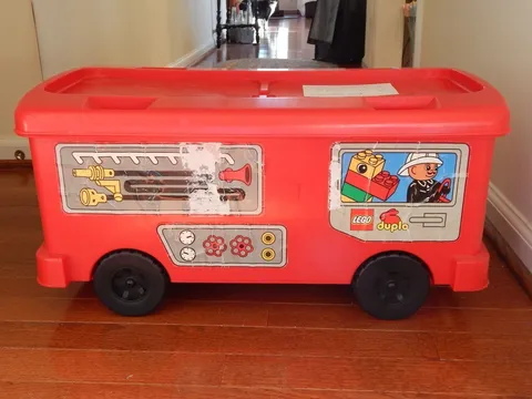 1997 Lego Ride-On Fire Truck Block Storage Container w. 240+ Duplo & Mega Blocks