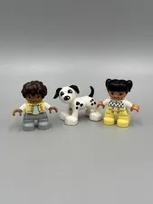 Lot of 3 Lego Duplo Figures Boy Girl Dog And White Dog W/ Black Spots