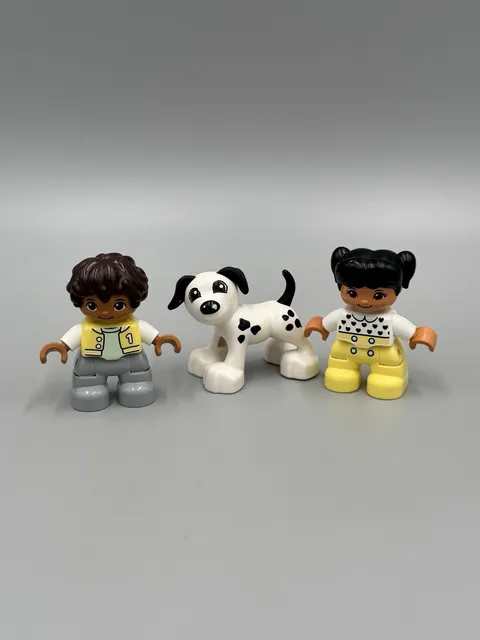 Lot of 3 Lego Duplo Figures Boy Girl Dog And White Dog W/ Black Spots