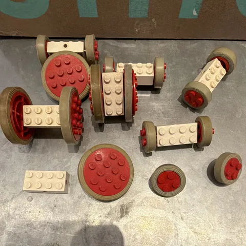 LEGO 1966 vintage Wheel Parts Lot - Red White Gray Wheels with Bricks Assorted