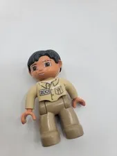 Lego DUPLO Figure MALE ZOO WORKER DARK TAN Legs TAN Top BLACK Hair BROWN Eyes