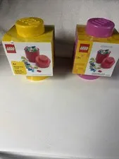 2 LEGOS STORAGE BRICK 1 KNOB Yellow & Pink round organizer tub single NEW