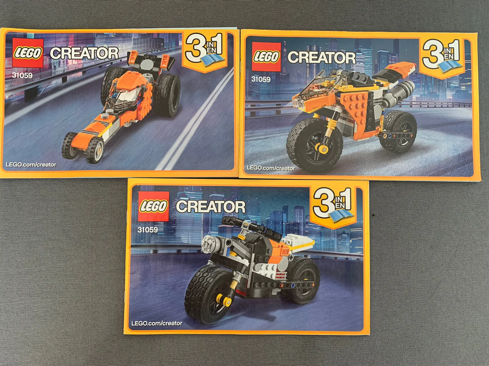 Lego Creator 31059 Sunset Street Bike, Drag Race Car. 3 In 1. 99% Complete.