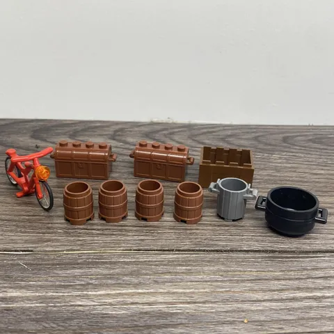 Lego Lot Of 10 Misc Pirate Chests, Bike, Barrels, Cauldron, Trash Can