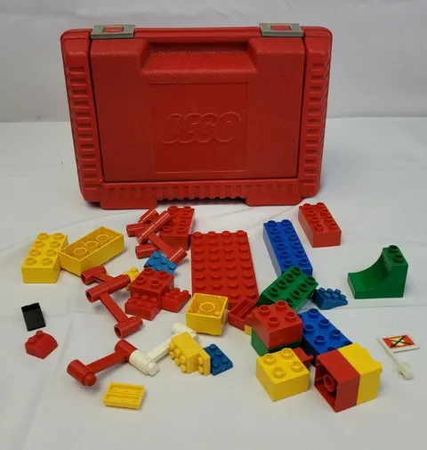 1984 Red Plastic LEGO Storage Carrying Case Box Bin Container in some blocks