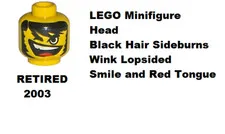 LEGO Minifigure Head Black Hair Sideburns Wink Lopsided Smile and Red Tongue