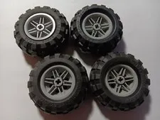 LEGO LOT 4 BLACK TIRES WHEELS 56X26 BALLOON LIGHT BLUISH GRAY RIMS 56145 / 55976
