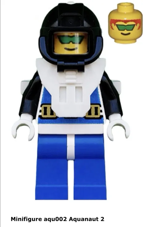 Lego 1x aqu002 Aquanaut 2 Minifigure Aquazone Diver Deep Sea Vintage Vf/Nm