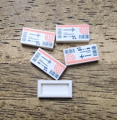 LEGO White Tile 1 x 2 with Airline Ticket. QTY 5. Part No. 3069pb1325