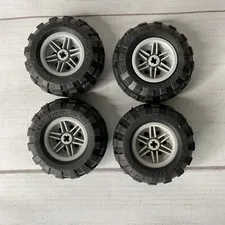 LEGO LOT 4 BLACK TIRES WHEELS 56X26 BALLOON LIGHT BLUISH GRAY RIMS 56145
