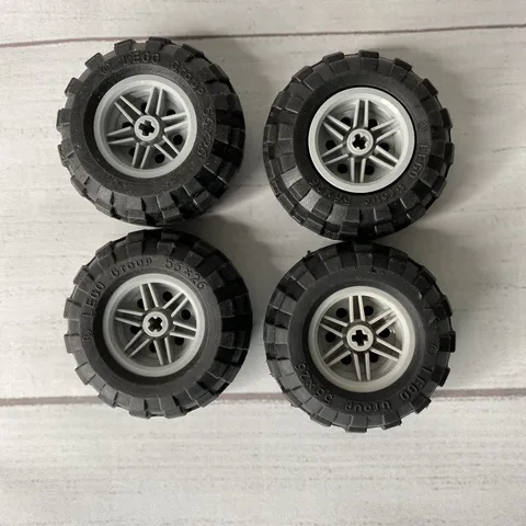 LEGO LOT 4 BLACK TIRES WHEELS 56X26 BALLOON LIGHT BLUISH GRAY RIMS 56145