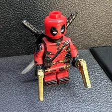 LEGO Deadpool Minifigure Plastic Figure w/ 2 Swords & 2 Gold Pistols