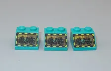 LEGO x3 part #3039px15 Slope 45 2 x 2 with Rock Raiders decorated  turquoise