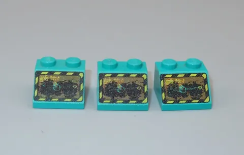 LEGO x3 part #3039px15 Slope 45 2 x 2 with Rock Raiders decorated  turquoise