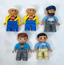 Lego Duplo Mini Figure Set of 5 Yellow Construction Man Beard Blue Shirt Beard