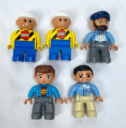 Lego Duplo Mini Figure Set of 5 Yellow Construction Man Beard Blue Shirt Beard