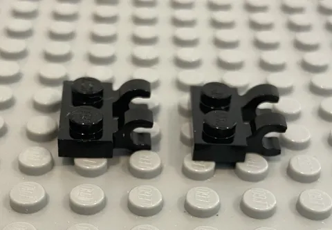 LEGO Two Black 1x2 Plate Modified With Clips,  Horizontal Grip, Part 60470b