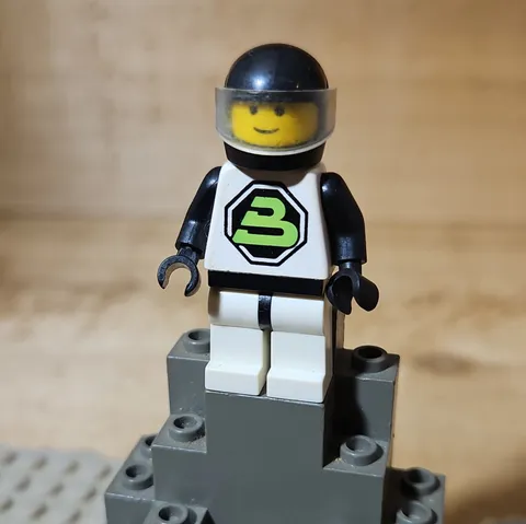LEGO Plastic Minifigure Black Helmet White Torso Outfit Green 3 Logo Black Arms