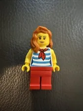LEGO Minifigure Female Red Legs Blue White Striped Torso Red Scarf Brown Hair